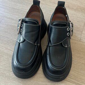 GANNI - Leather Buckle Strap Platform Loafers - Black - Size 37/6.5